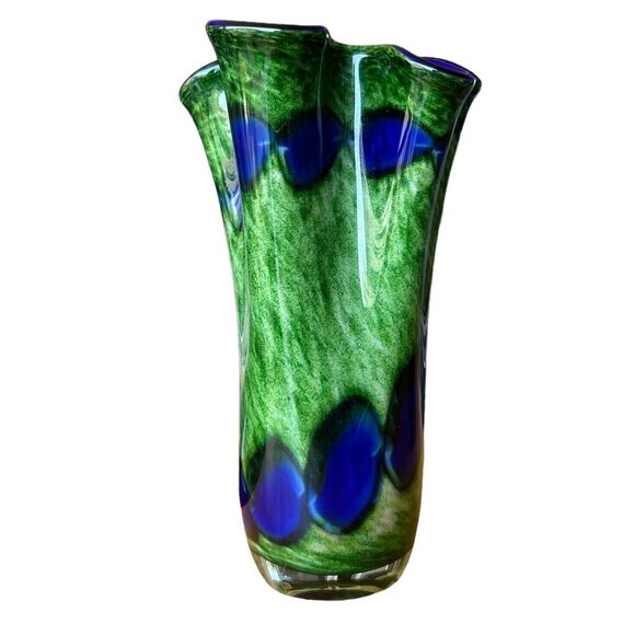 KROSNO Other - Jozefina Krosno Green and Blue Spotted and Swirled Hand Blown Art Glass Vase